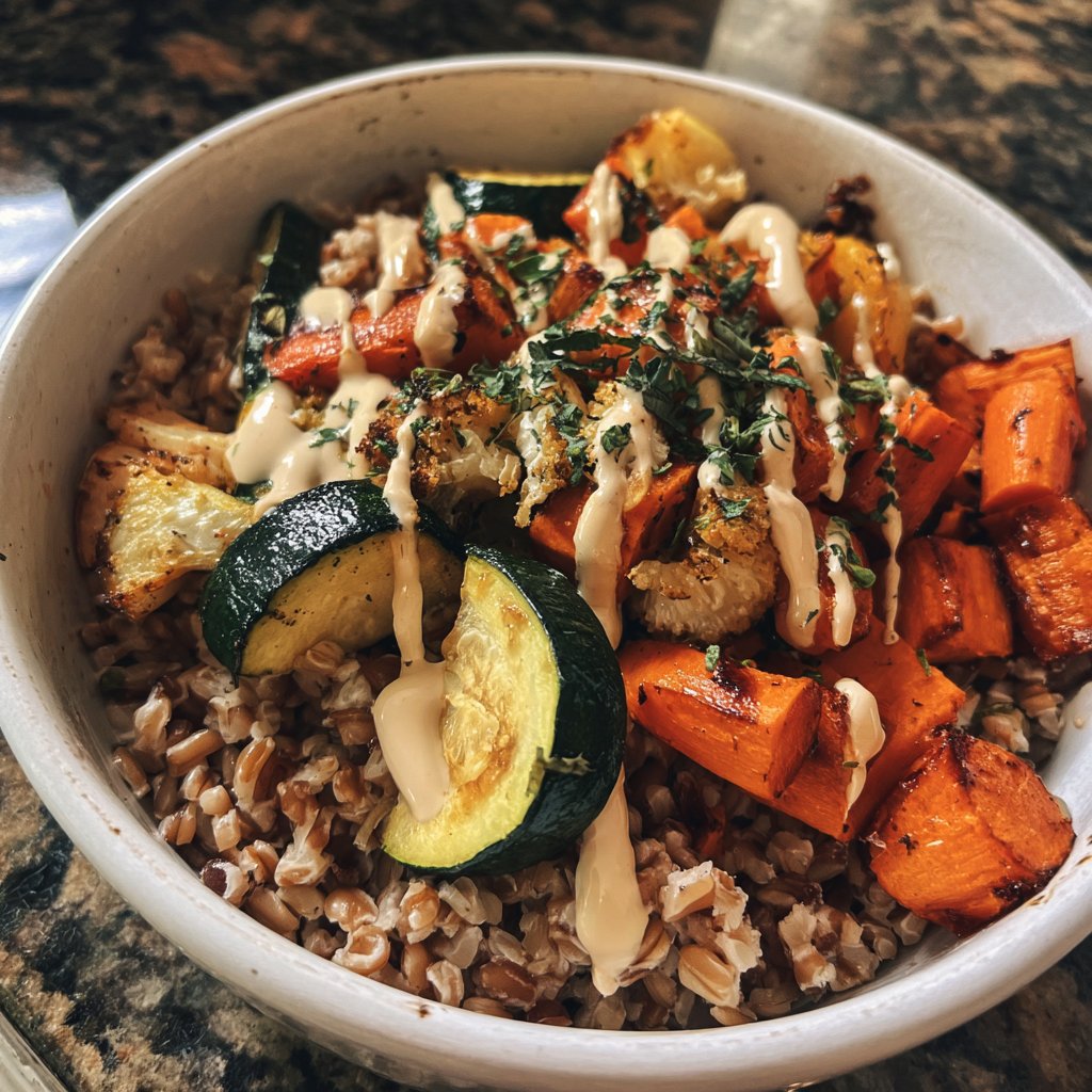 Healthy Lunch Roasted Veggie Farro Bowl